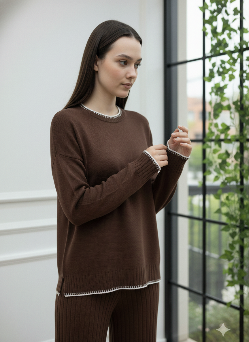 Bisiklet Yaka Çizgi Detaylı Triko Takım - Kahverengi - Detay