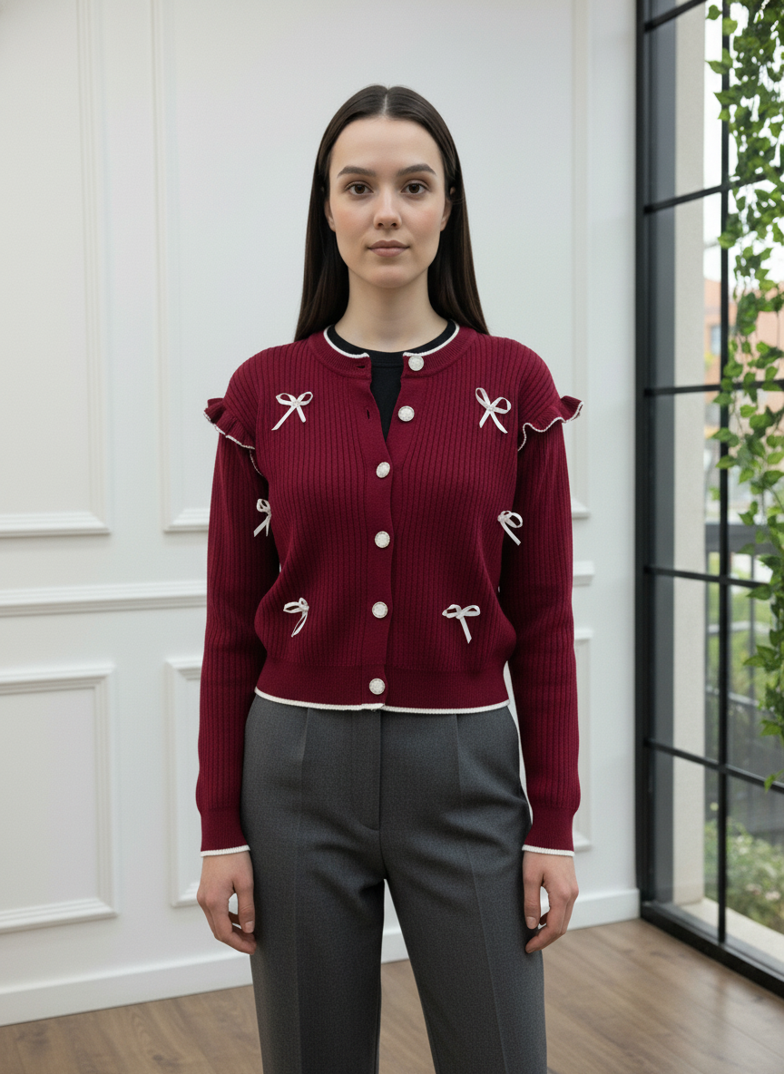 Fiyonk ve Fırfır Detaylı Triko Hırka