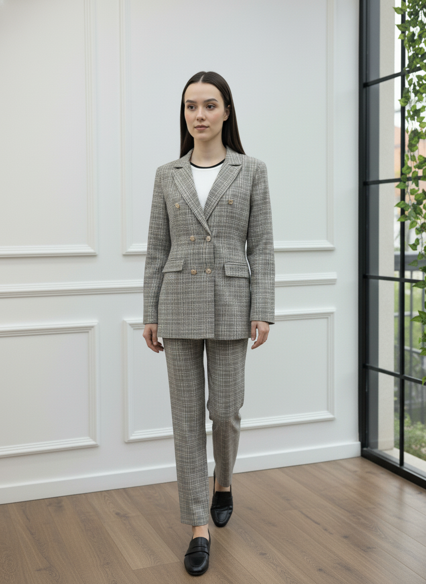 Gold Düğmeli Kruvaze Blazer Takım