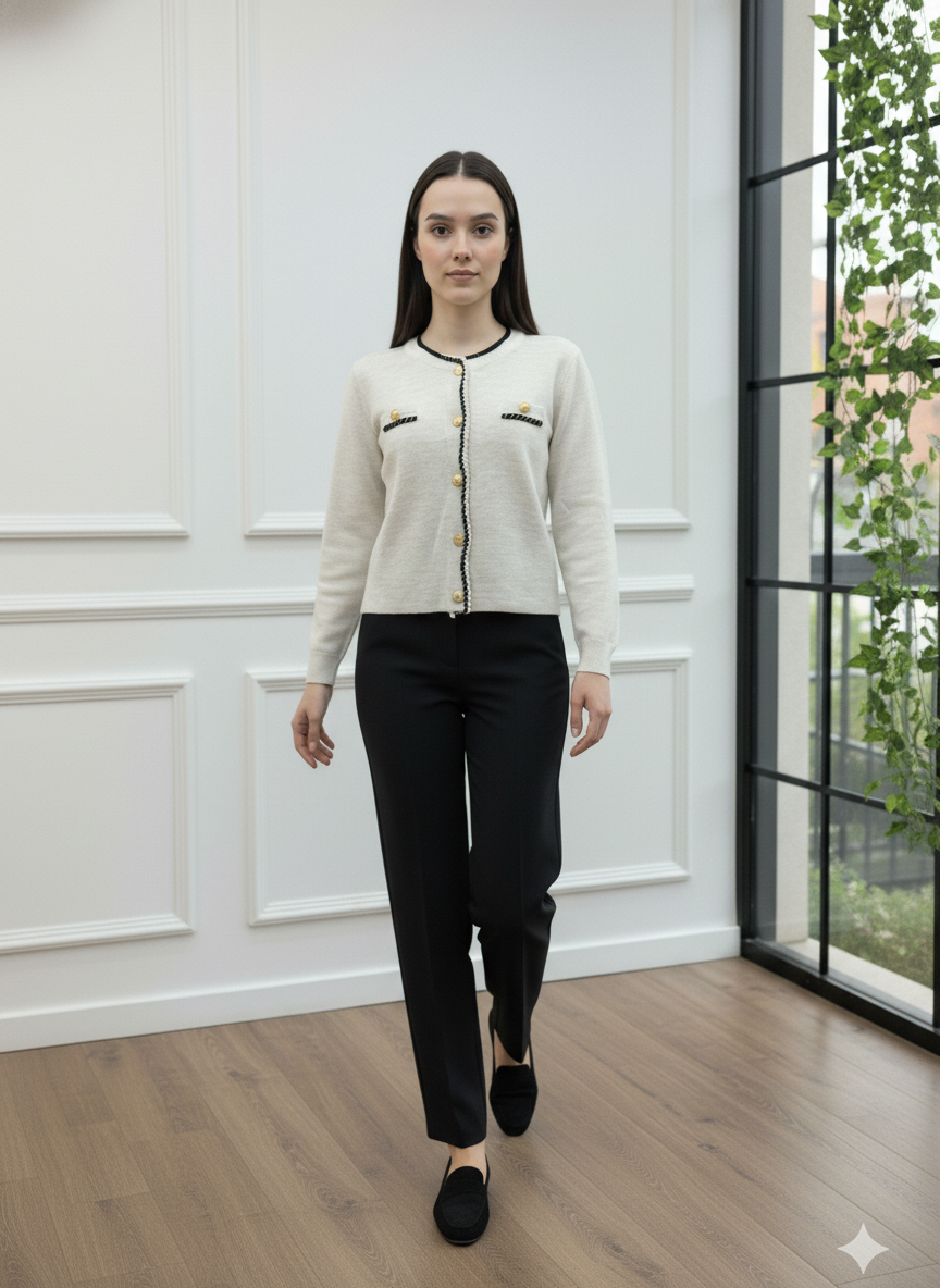 Gold Düğmeli ve İnci Şerit Detaylı Triko Hırka