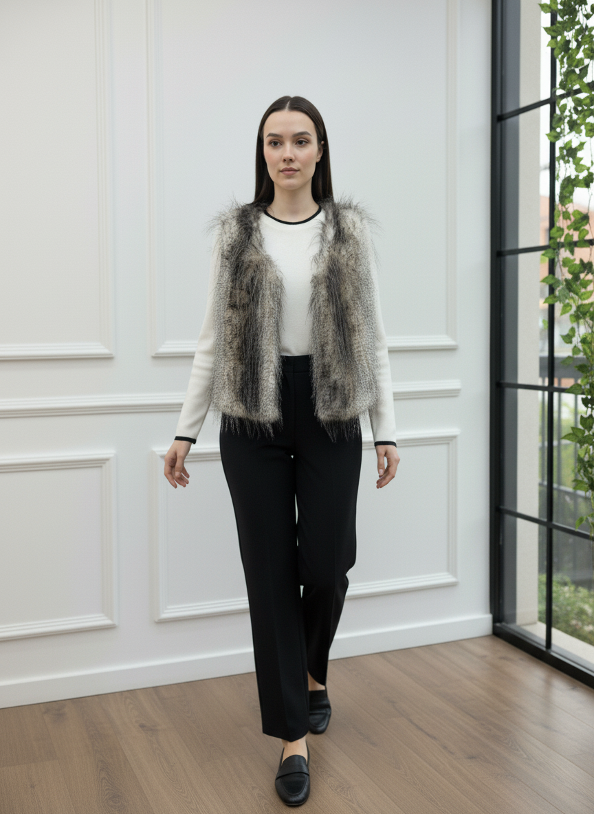 Siyah Geçişli Suni Kürk Yelek