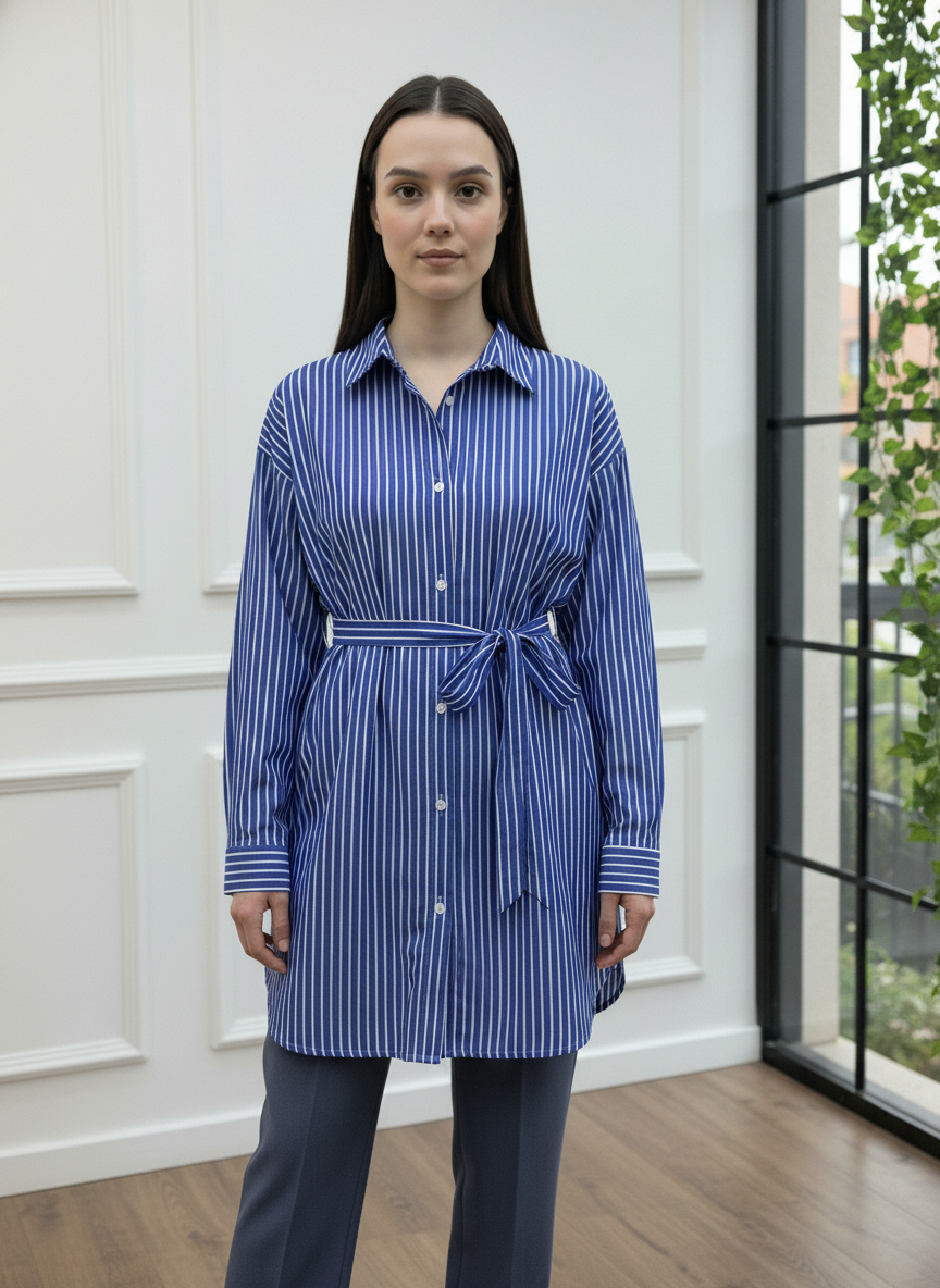 Beli Kuşaklı Çizgili Gömlek Tunik
