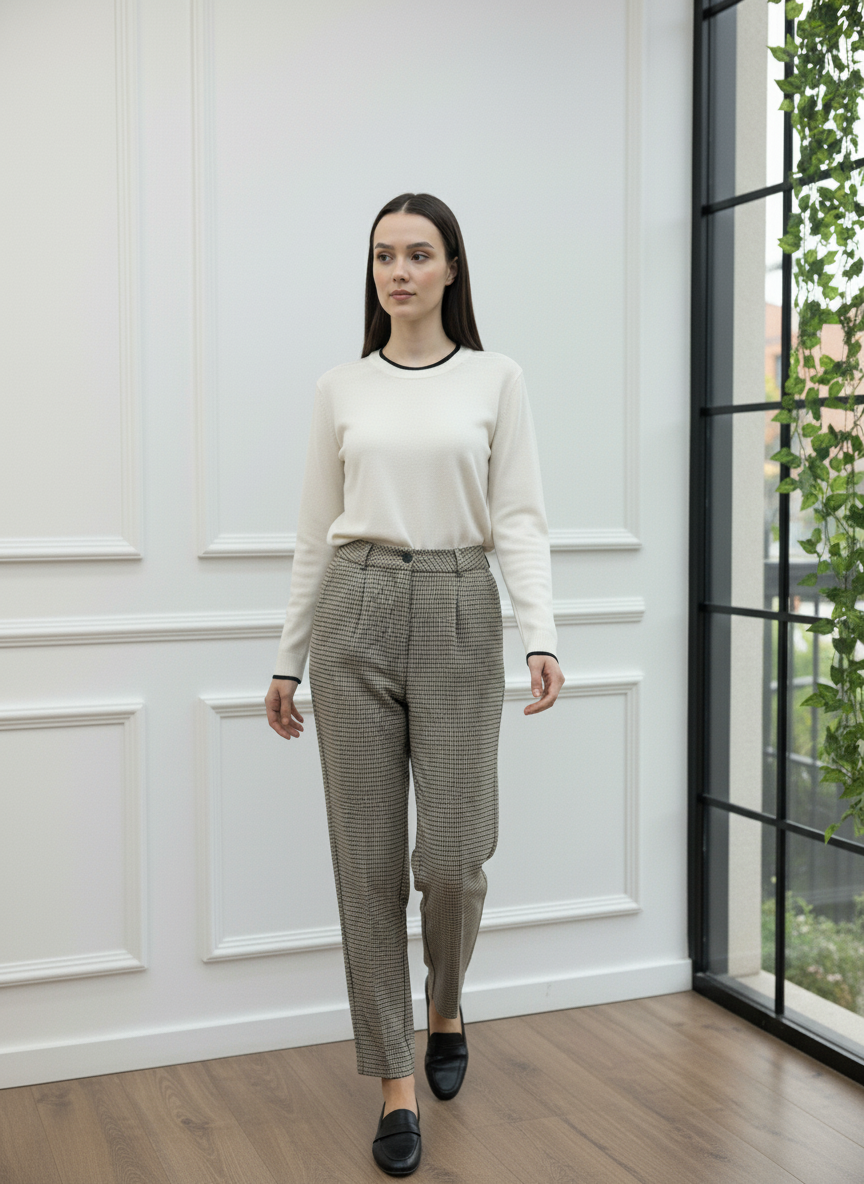 Yaka ve Manşetleri Siyah Kontrastlı Triko Kazak