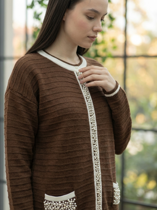 İnci Detaylı Fitilli Triko Hırka