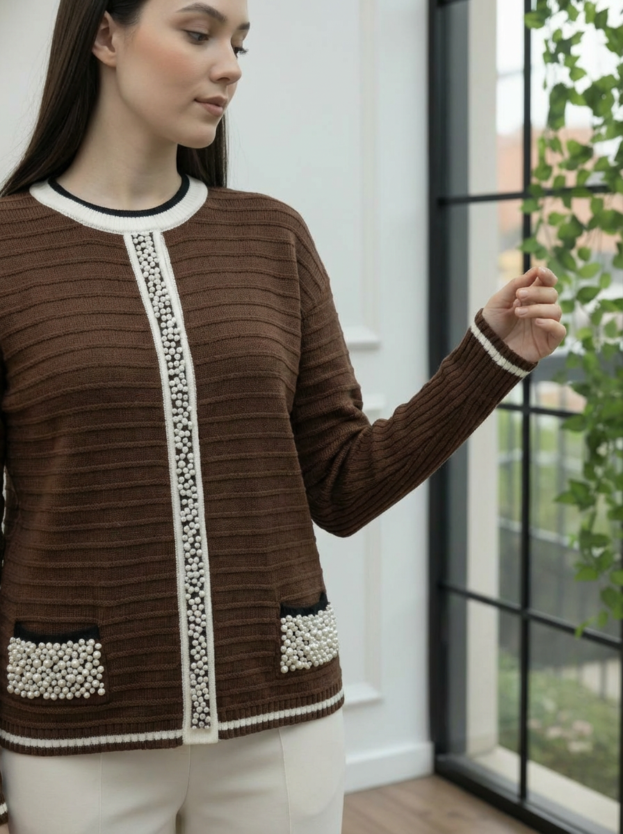 İnci Detaylı Fitilli Triko Hırka