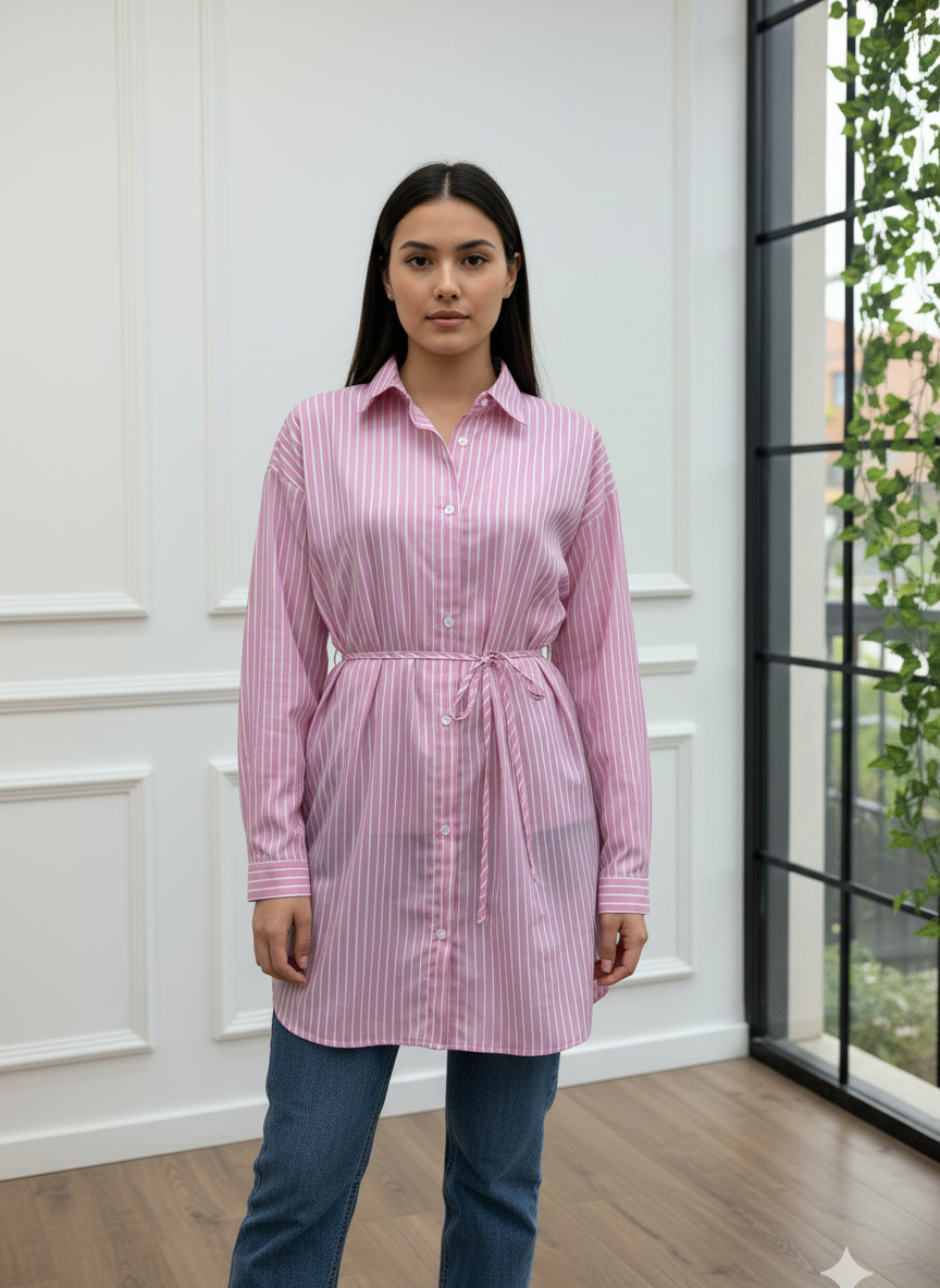 Beli Kuşaklı Çizgili Gömlek Tunik