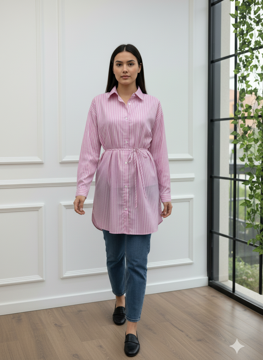 Beli Kuşaklı Çizgili Gömlek Tunik