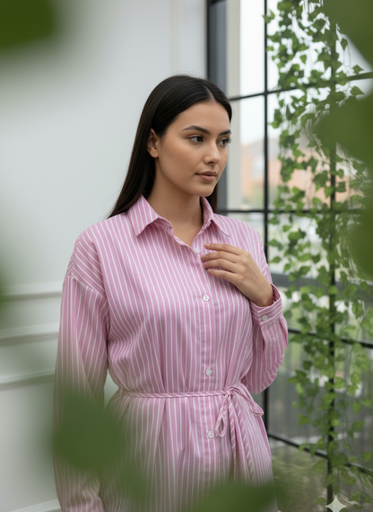 Beli Kuşaklı Çizgili Gömlek Tunik