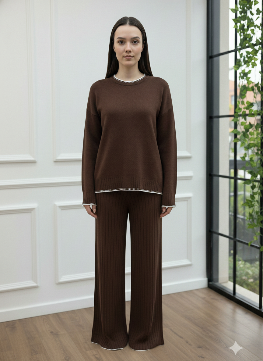 Bisiklet Yaka Çizgi Detaylı Triko Takım - Kahverengi