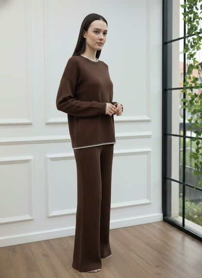 Bisiklet Yaka Çizgi Detaylı Triko Takım - Kahverengi - Detay