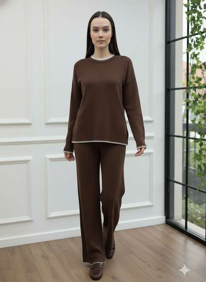 Bisiklet Yaka Çizgi Detaylı Triko Takım - Kahverengi - Detay