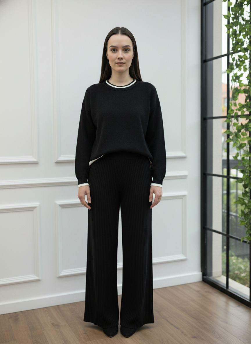 Bisiklet Yaka Çizgi Detaylı Triko Takım - Siyah