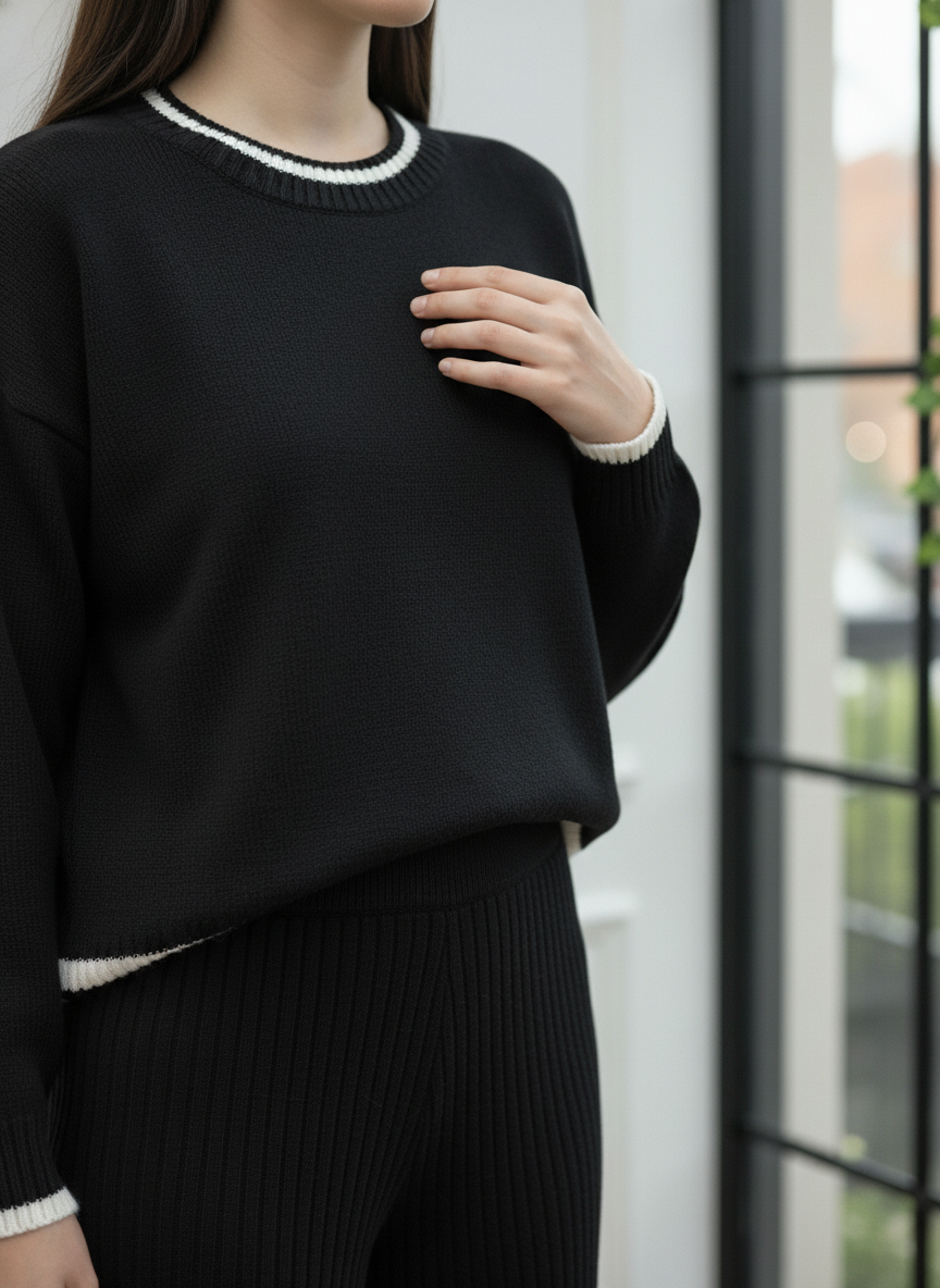 Bisiklet Yaka Çizgi Detaylı Triko Takım - Siyah - Detay