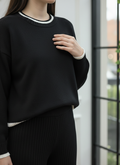 Bisiklet Yaka Çizgi Detaylı Triko Takım - Siyah - Detay