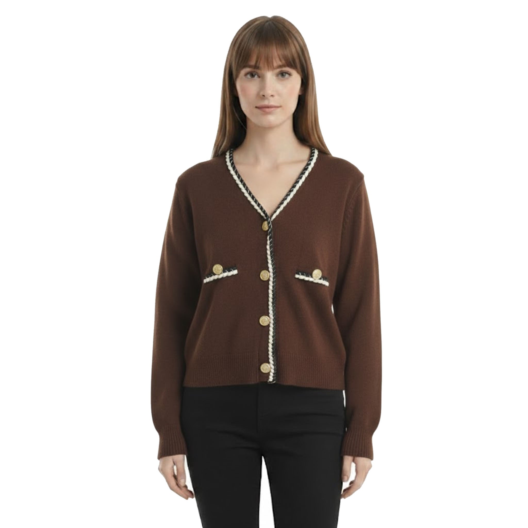 Gold Düğmeli ve İnci Şerit Detaylı Triko Kahverengi Hırka