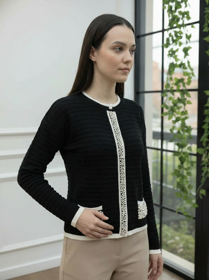 İnci Detaylı Fitilli Triko Hırka