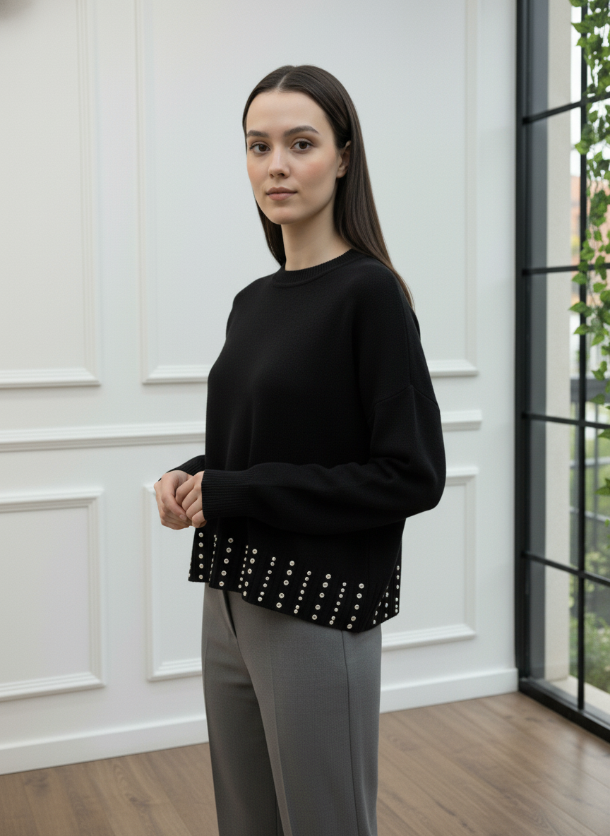 Eteği Zımba Detaylı Bisiklet Yaka Triko Kazak