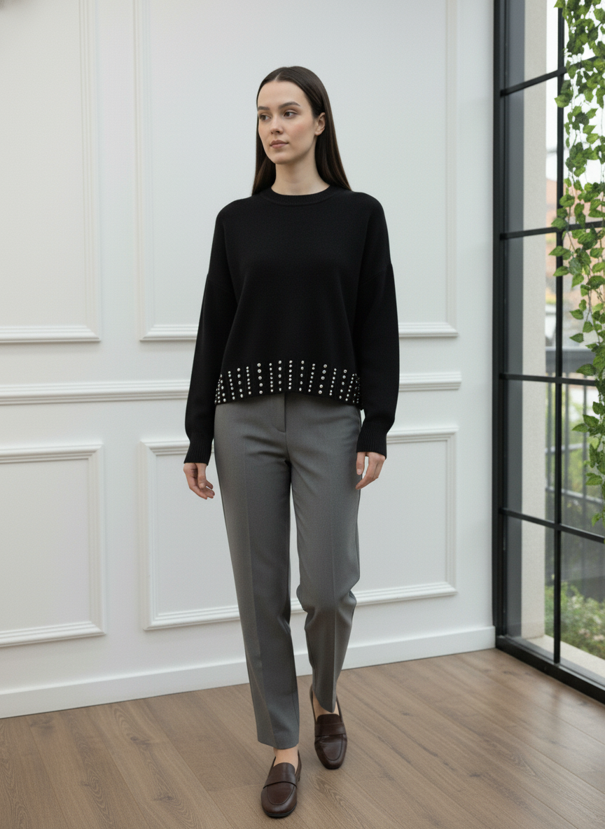 Eteği Zımba Detaylı Bisiklet Yaka Triko Kazak