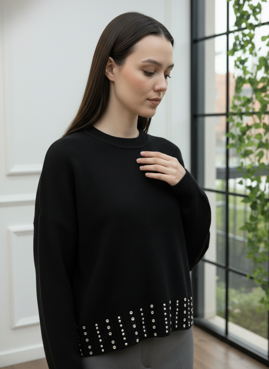 Eteği Zımba Detaylı Bisiklet Yaka Triko Kazak