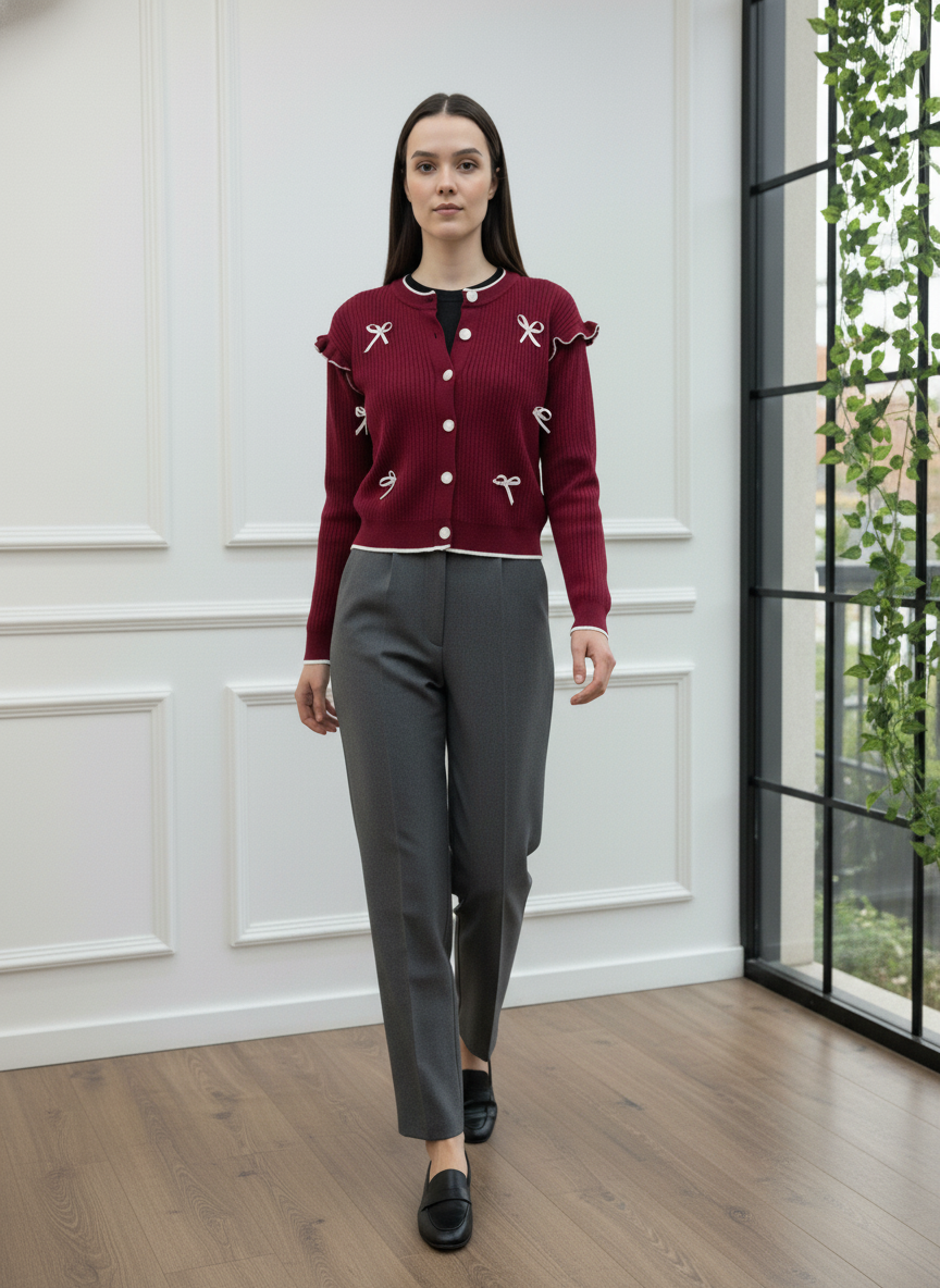 Fiyonk ve Fırfır Detaylı Triko Hırka