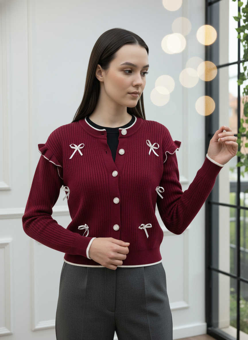 Fiyonk ve Fırfır Detaylı Triko Hırka