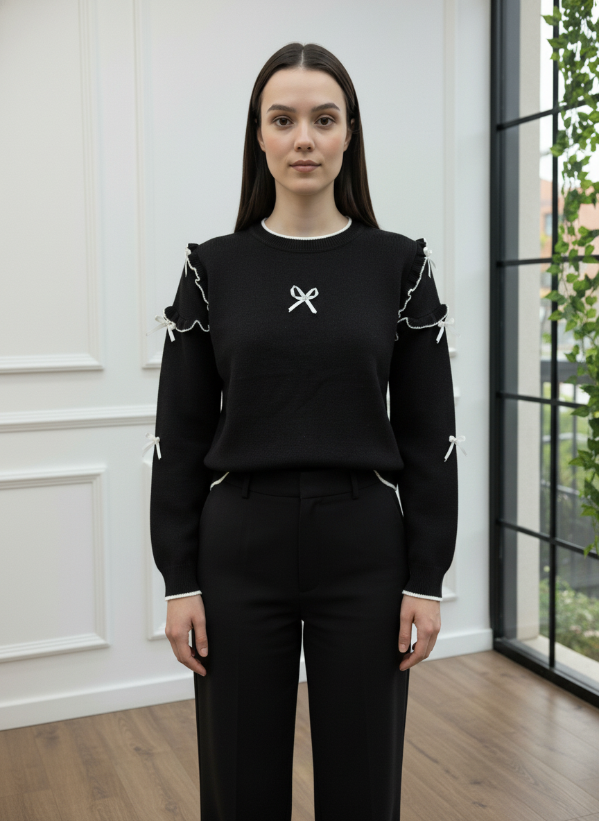 Fiyonk ve Fırfır Detaylı Triko Kazak