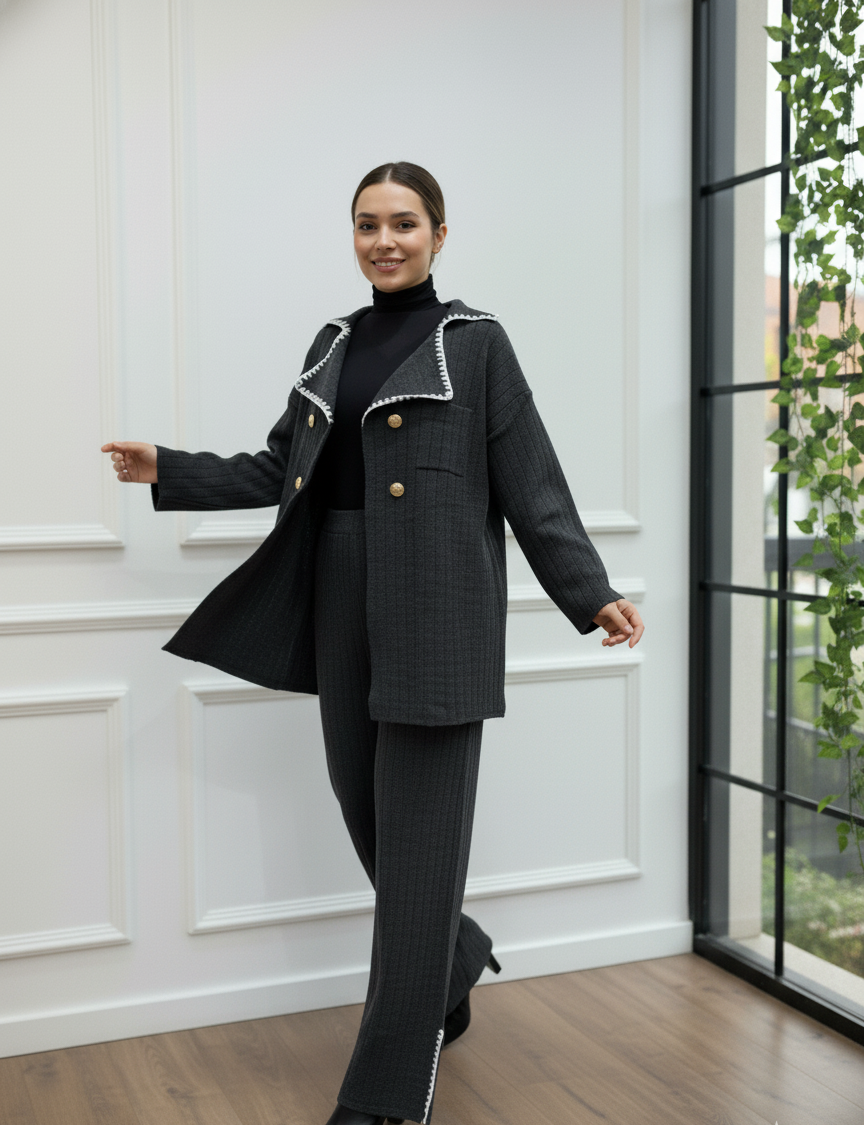 Gold Düğme Detaylı Yaka İşlemeli Triko İkili Takım