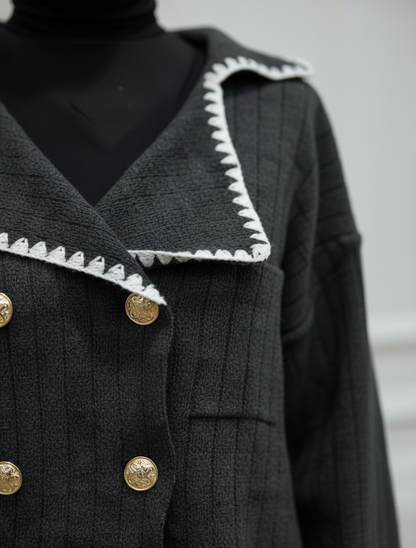 Gold Düğme Detaylı Yaka İşlemeli Triko İkili Takım