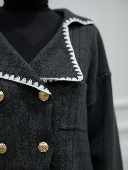 Gold Düğme Detaylı Yaka İşlemeli Triko İkili Takım