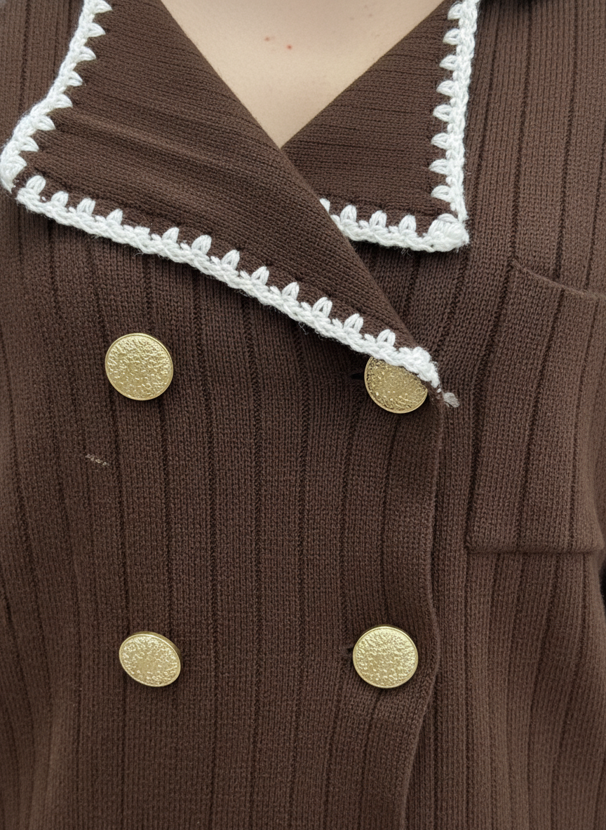 Gold Düğme Detaylı Yaka İşlemeli Triko İkili Takım