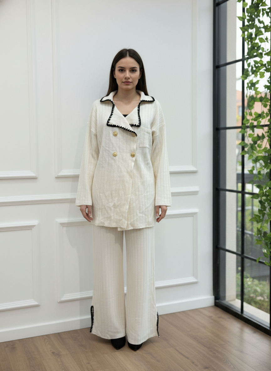 Gold Düğme Detaylı Yaka İşlemeli Triko İkili Takım