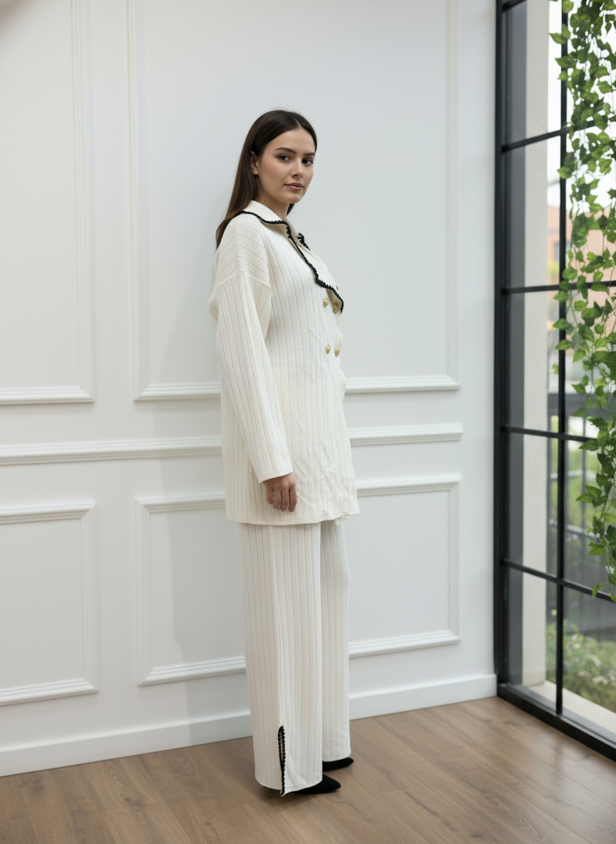 Gold Düğme Detaylı Yaka İşlemeli Triko İkili Takım