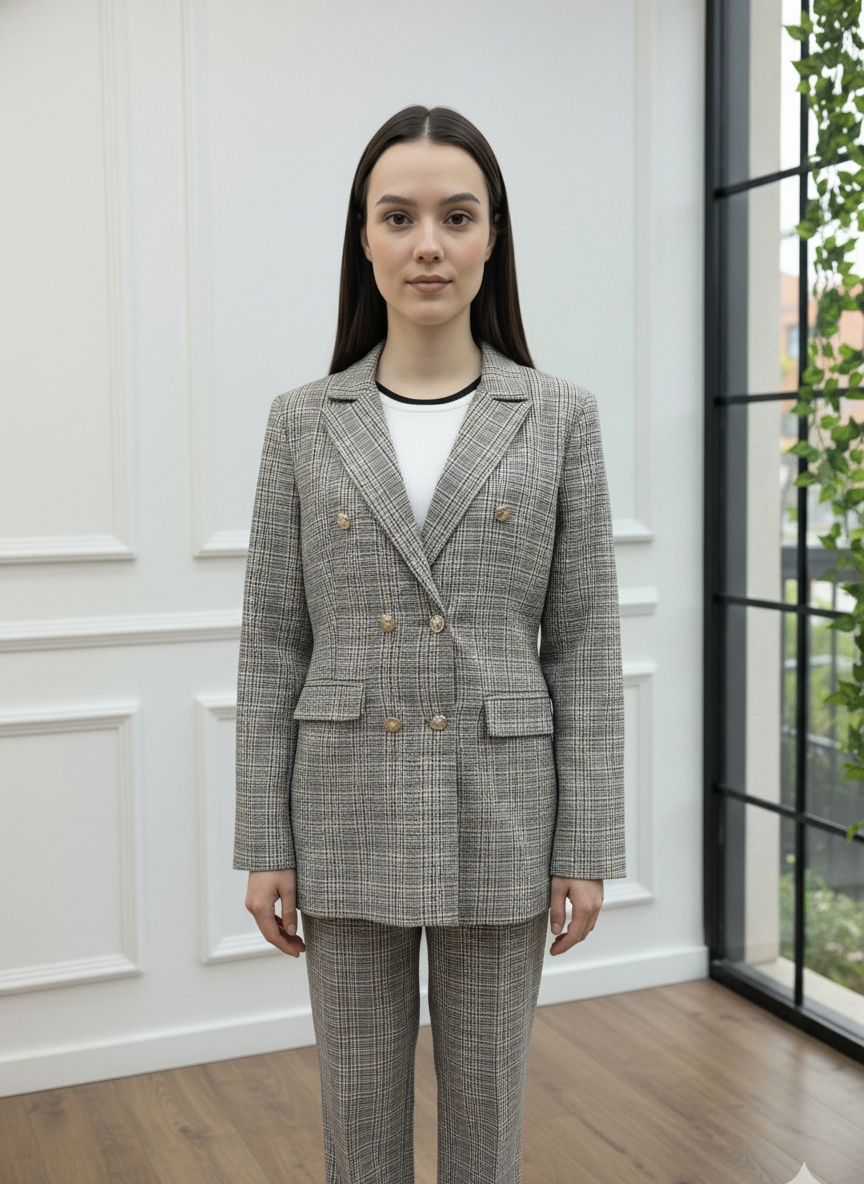 Gold Düğmeli Kruvaze Blazer Takım