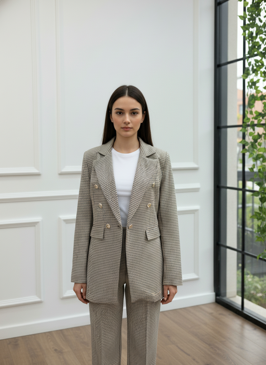 Gold Düğmeli Kruvaze Blazer Takım