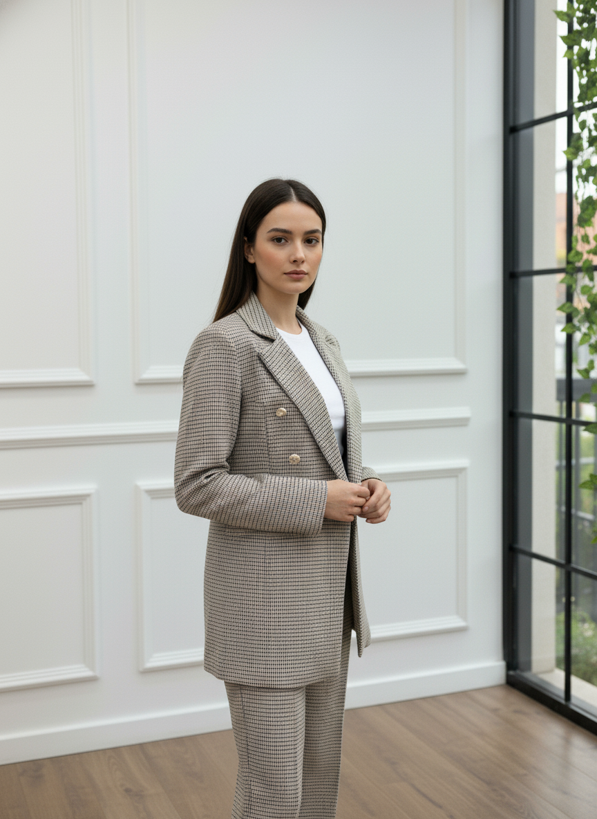 Gold Düğmeli Kruvaze Blazer Takım