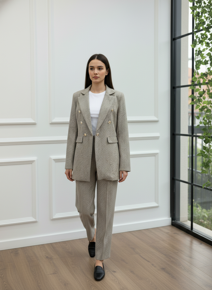 Gold Düğmeli Kruvaze Blazer Takım