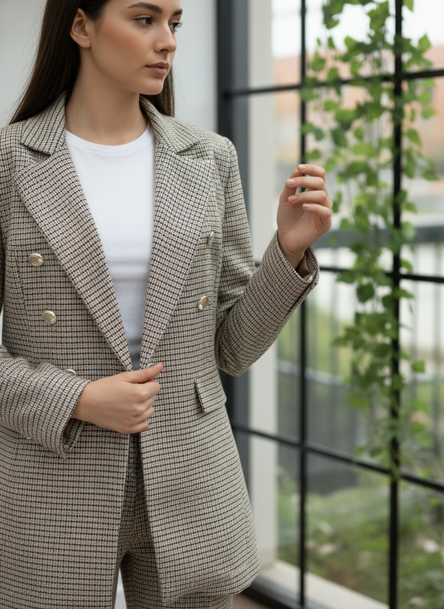 Gold Düğmeli Kruvaze Blazer Takım