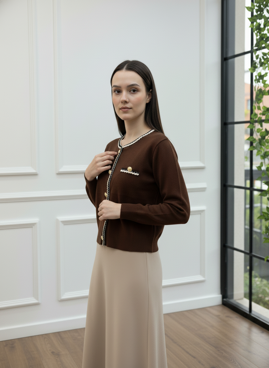 Gold Düğmeli ve İnci Şerit Detaylı Triko Hırka