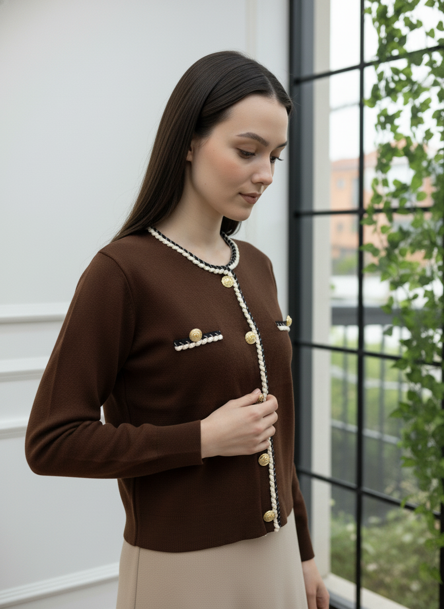 Gold Düğmeli ve İnci Şerit Detaylı Triko Hırka