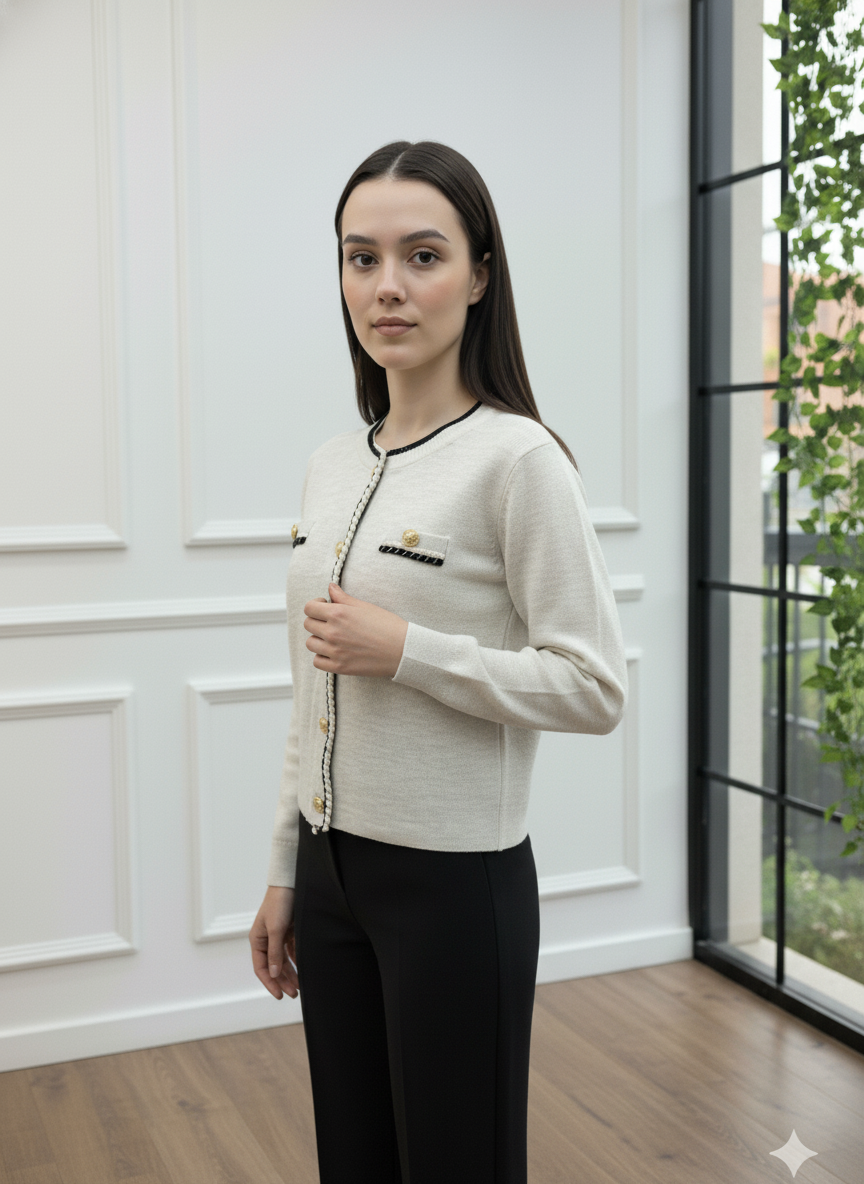 Gold Düğmeli ve İnci Şerit Detaylı Triko Hırka