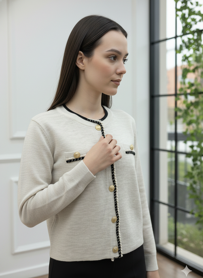 Gold Düğmeli ve İnci Şerit Detaylı Triko Hırka