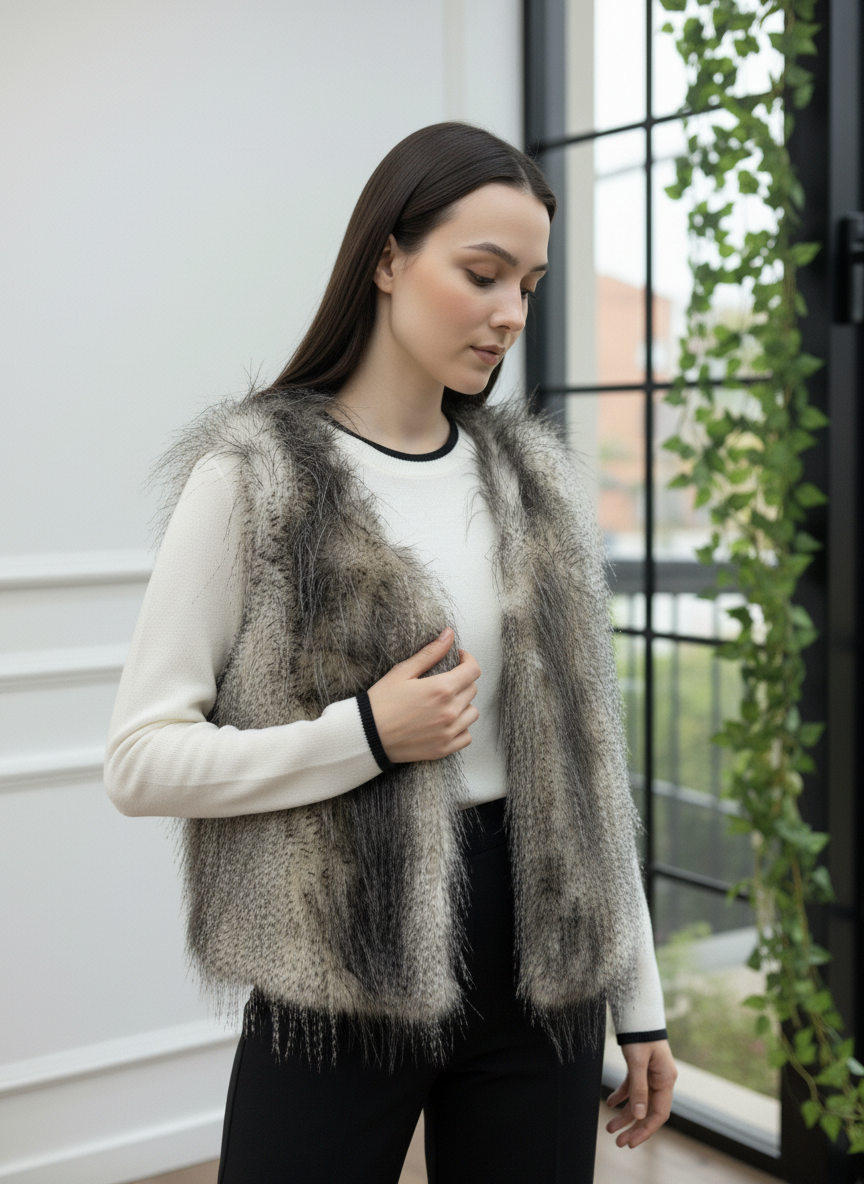 Siyah Geçişli Suni Kürk Yelek