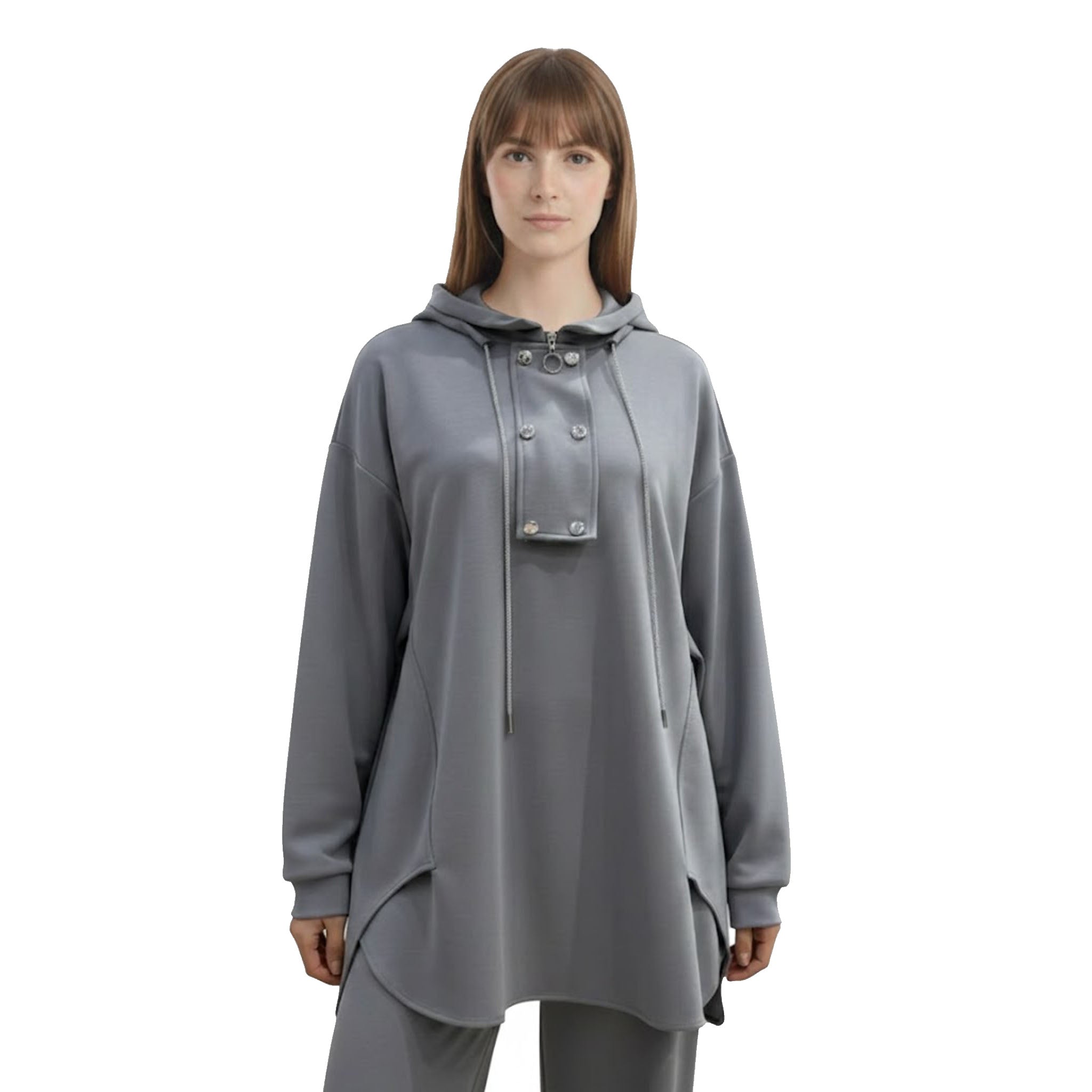 Metal Düğme ve Zincir Detaylı Yüksek Yaka Gri Takım