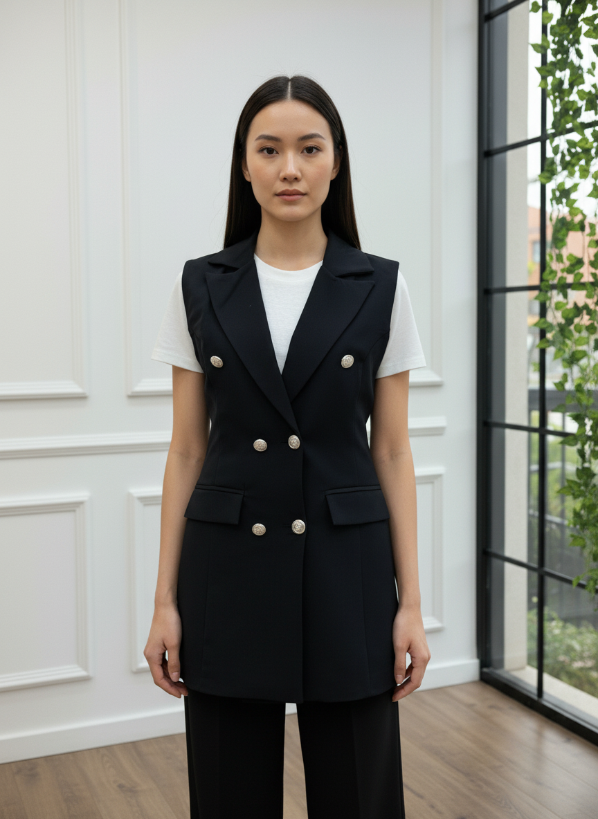 Gümüş Düğmeli Siyah Kruvaze Blazer Yelek