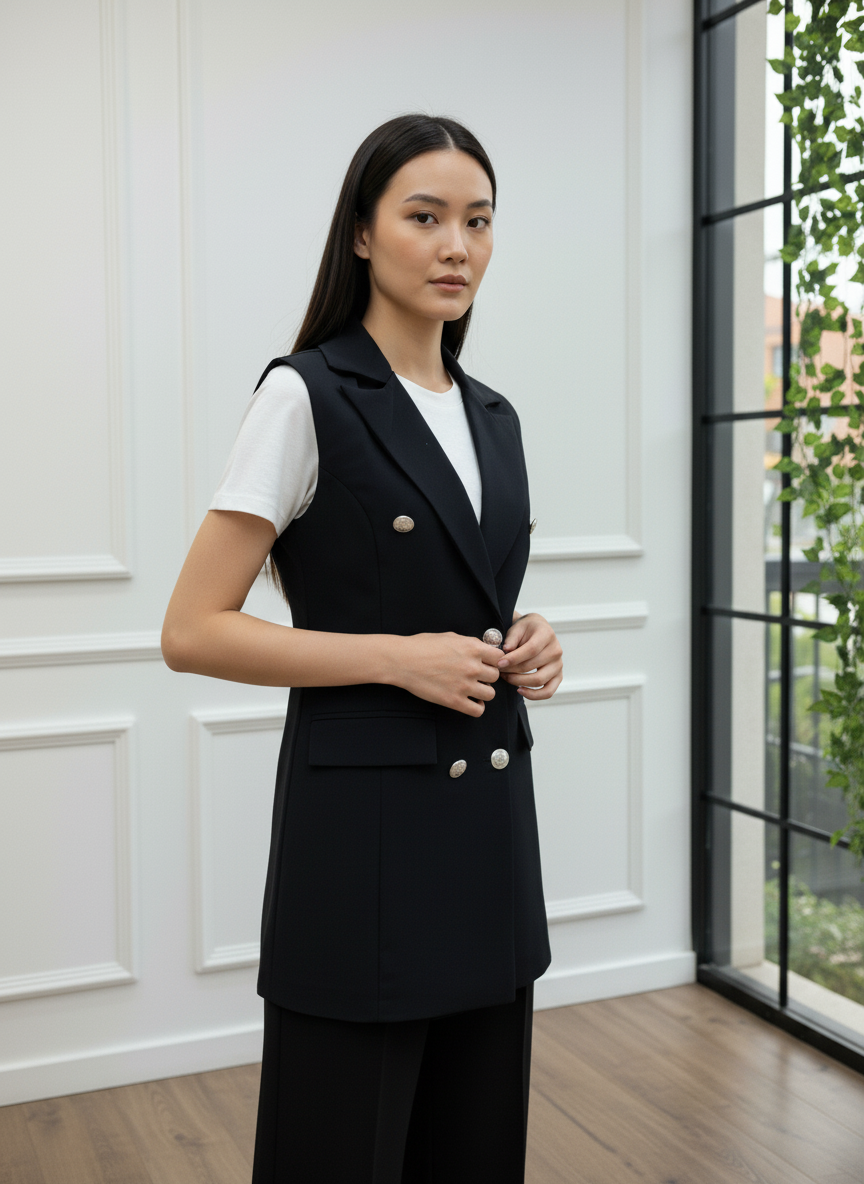 Gümüş Düğmeli Siyah Kruvaze Blazer Yelek