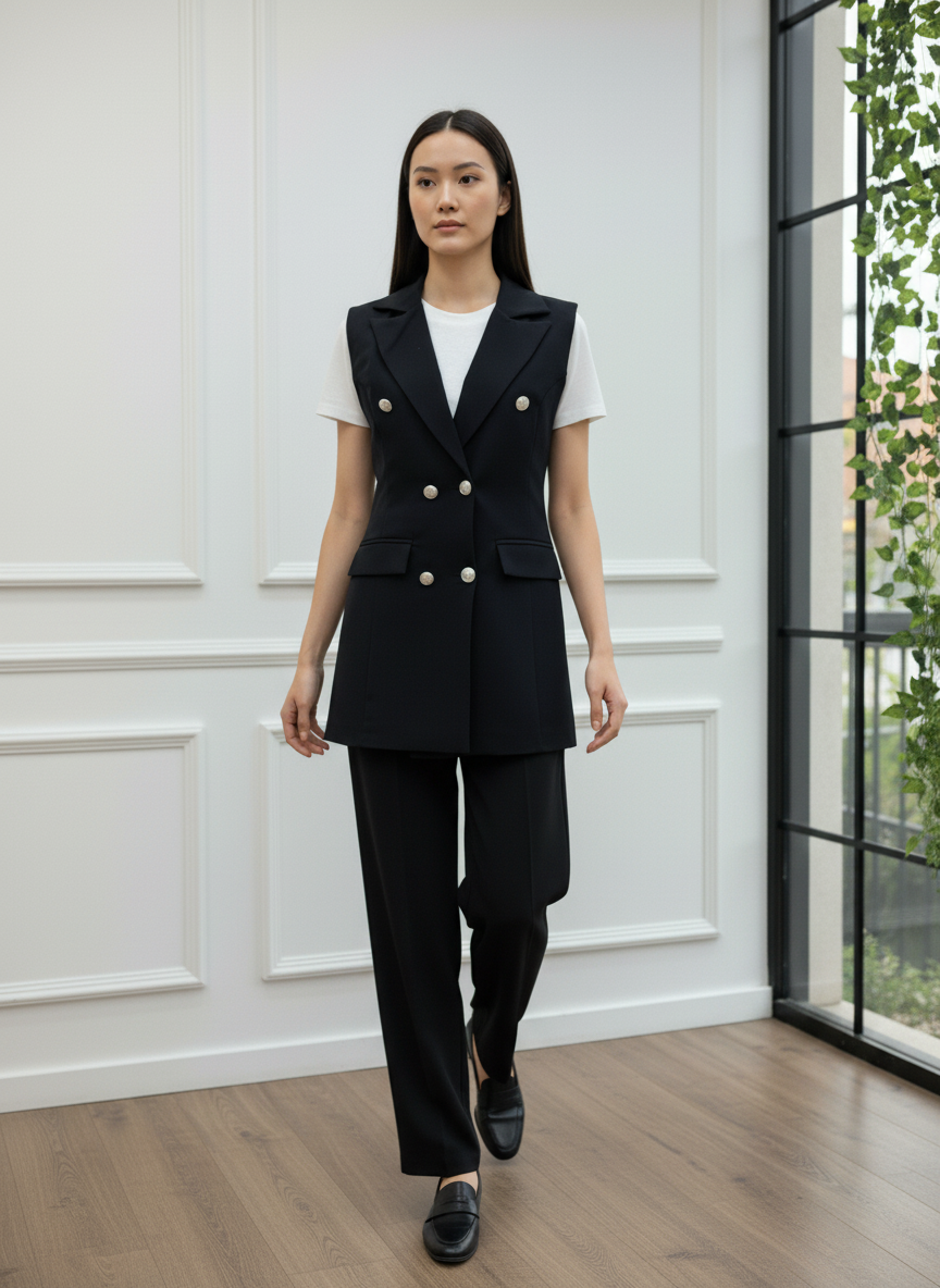 Gümüş Düğmeli Siyah Kruvaze Blazer Yelek