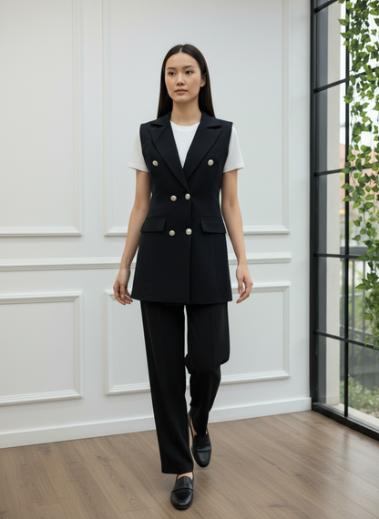 Gümüş Düğmeli Siyah Kruvaze Blazer Yelek