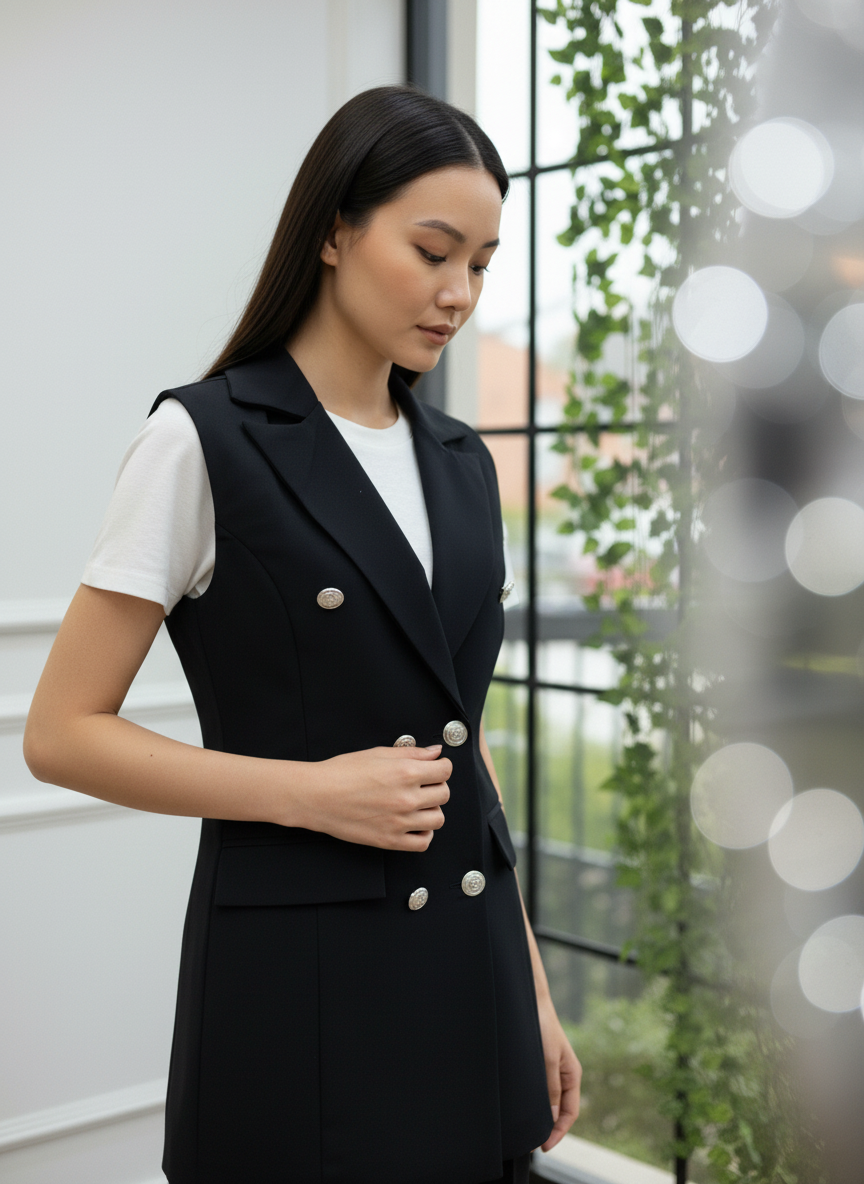 Gümüş Düğmeli Siyah Kruvaze Blazer Yelek