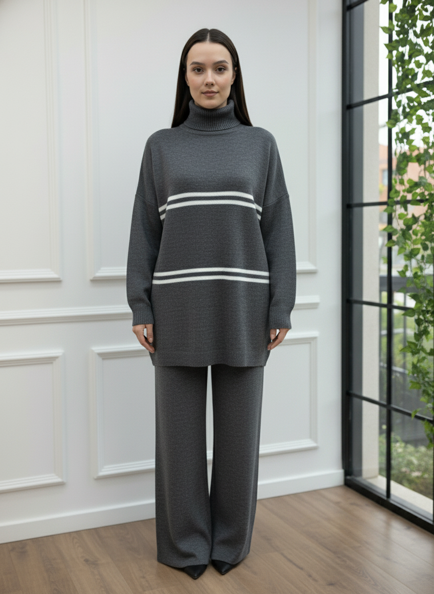 Çift Çizgi Detaylı Balıkçı Yaka Oversize Triko Takım