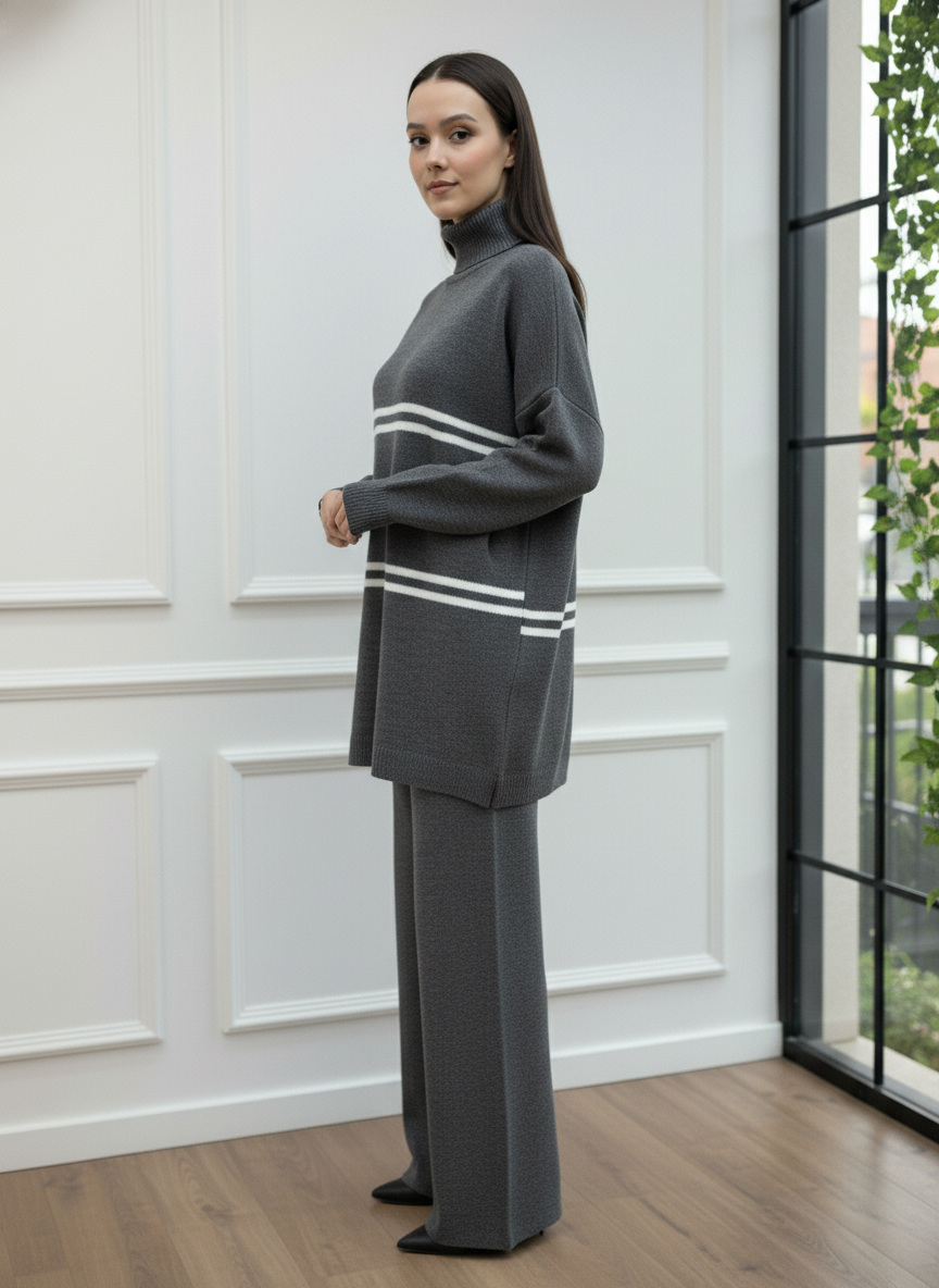 Çift Çizgi Detaylı Balıkçı Yaka Oversize Triko Takım